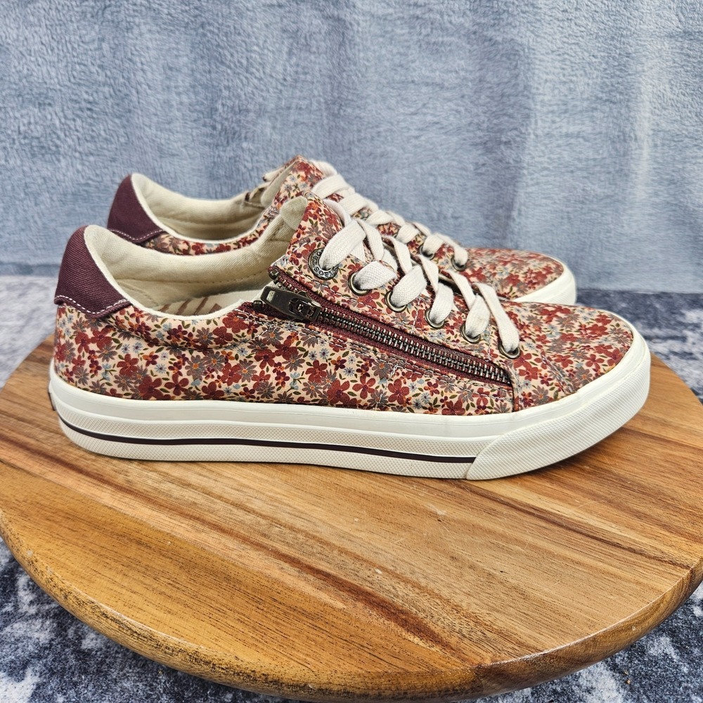 Taos Z-Soul Shoes Women's 8 Red Canvas Comfort Floral Lace Up Zip Low Sneakers